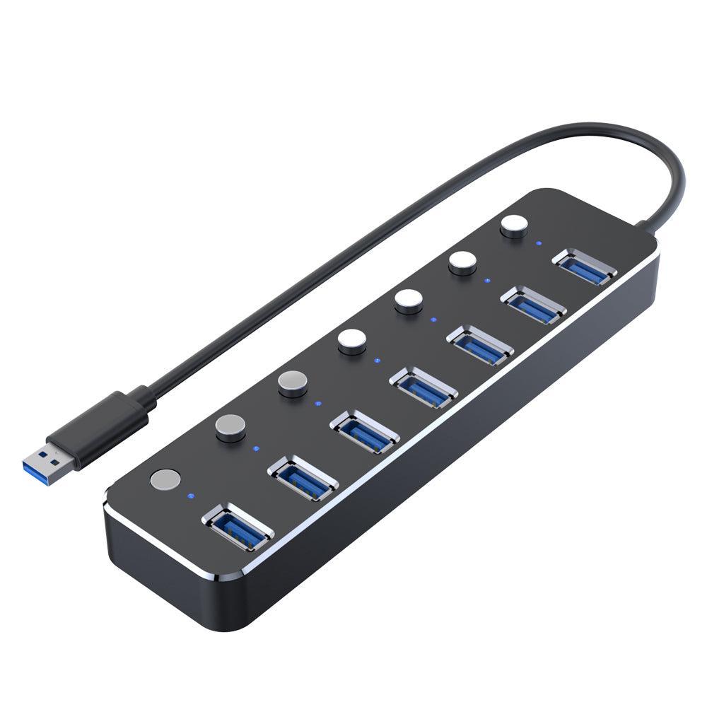 NÖRDIC strømforsynet 7-ports USB 3.0 HUB med individuel switch 5Gbps 25cm kabel aluminium sort med strømforsyning