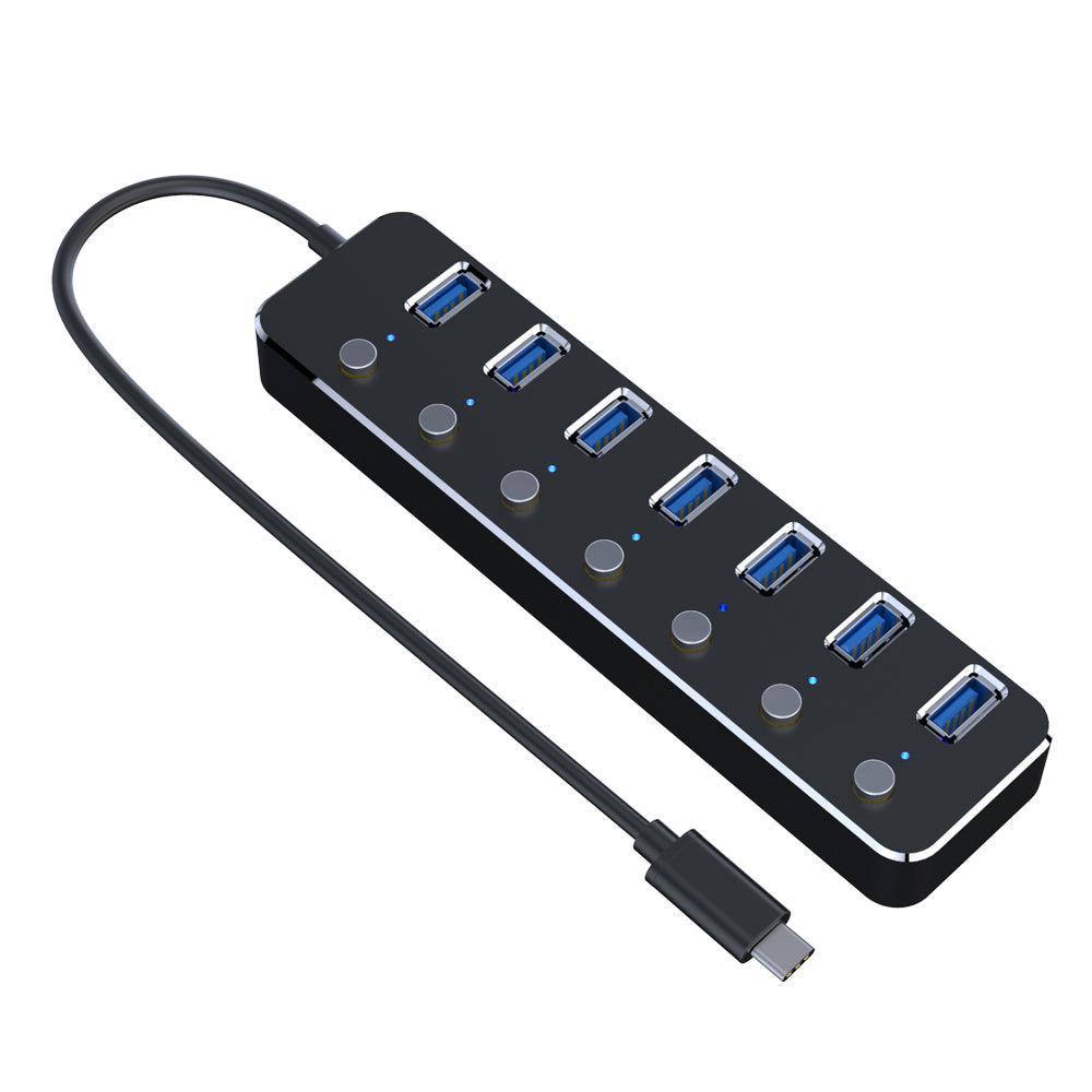 NÖRDIC strømforsynet 7-ports USB-C 3.0 HUB med individuel switch 5Gbps 25cm kabel aluminium sort med strømforsyning