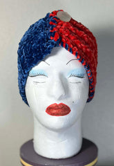Red and blue velour crochet and knit ear warmer headband with vintage button