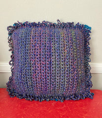 Crochet knit pillow blue and purple