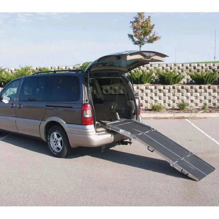PVI Multi-Fold Rear Door Mountable Van Wheelchair Ramp unfolded out of a grey minivan