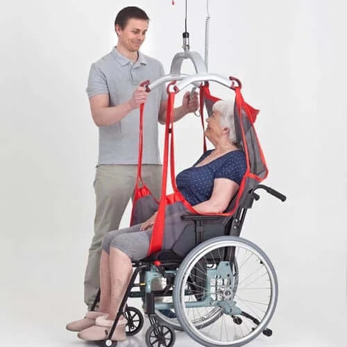 RgoSling Comfort HighBack Patient Sling being used by lady sitting in wheelchair with nurse