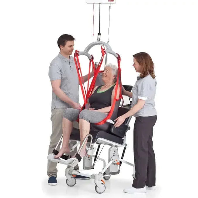 RgoSling Highback Net Patient Sling used by lady with her two nurses