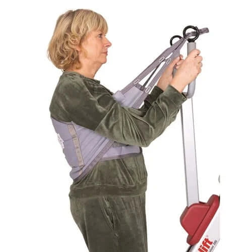 molift unosling standup disposable patient sling side view of lady using it