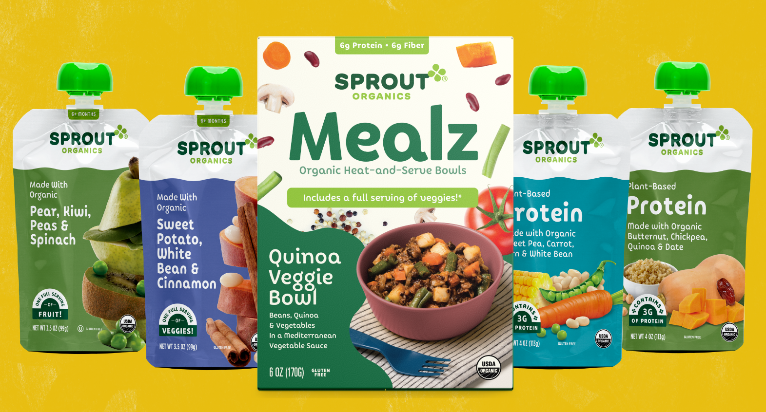 variety of sprout organics veggie pouches and a meal on a yellow background