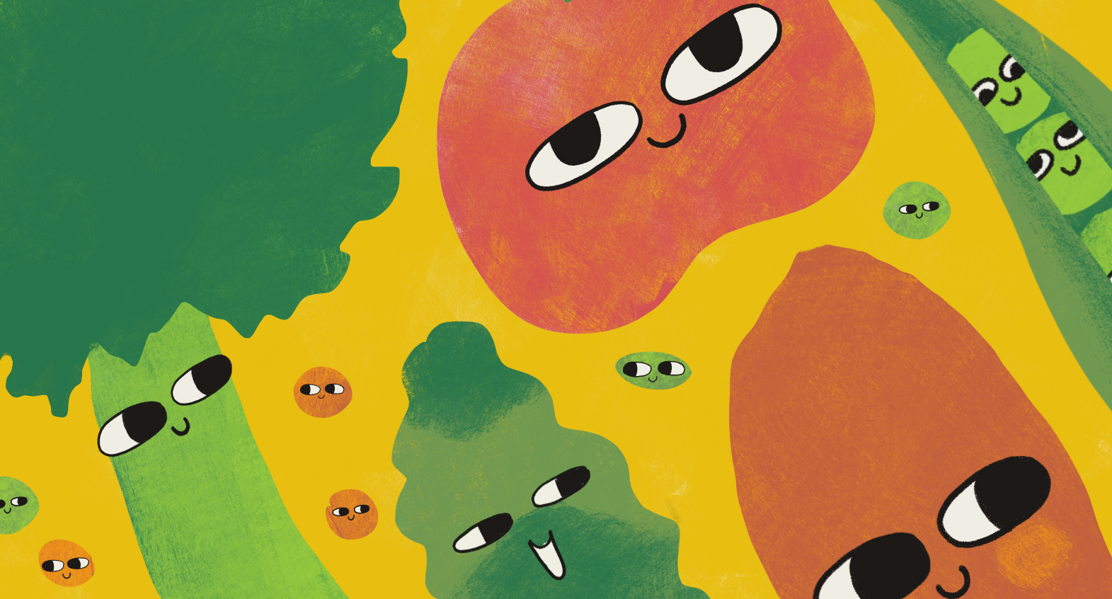 group of illustrated veggies with eyes and smiles on a yellow background