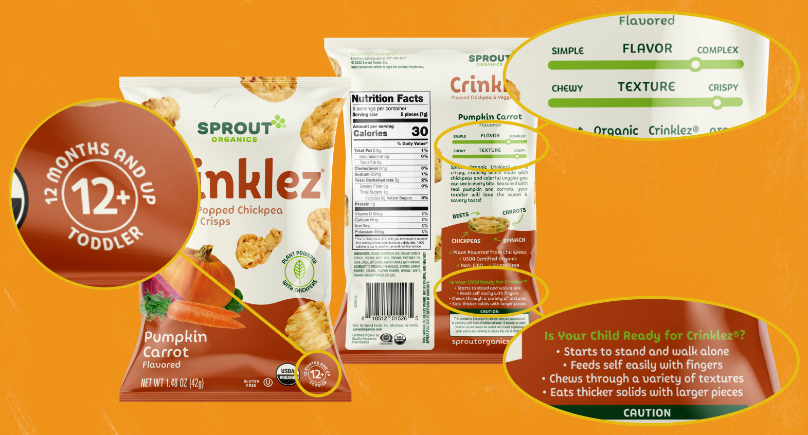 crinklez snack package with zoom ins of age, texture bars, and description