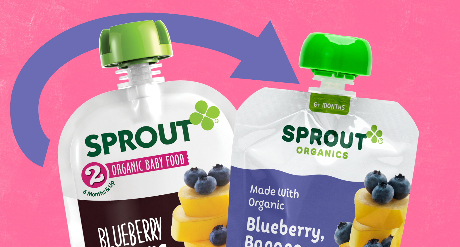 the old sprout organics pouch design and the new pouch design