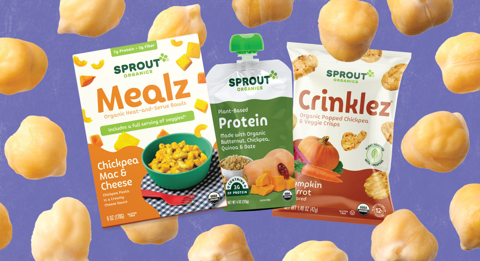 sprout organics products containing chickpeas on a purple background