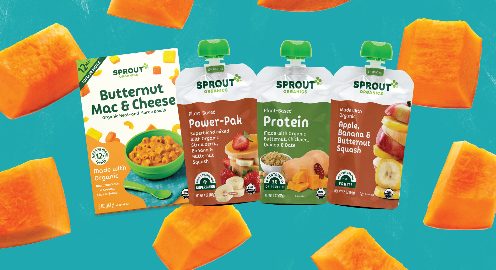 sprout organics products with butternut squash on a blue background