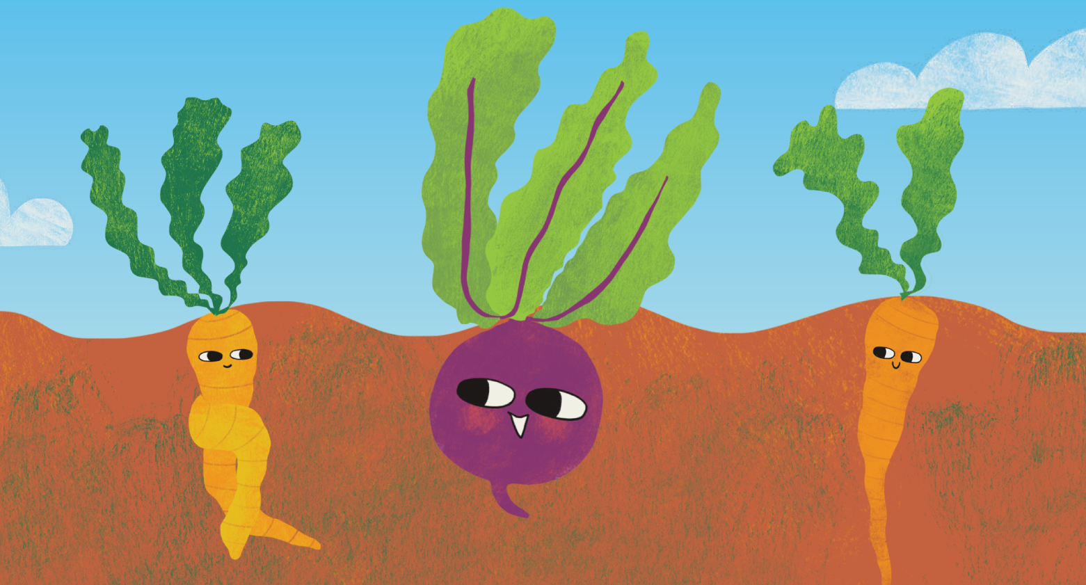 3 illustrated root veggies sit underground