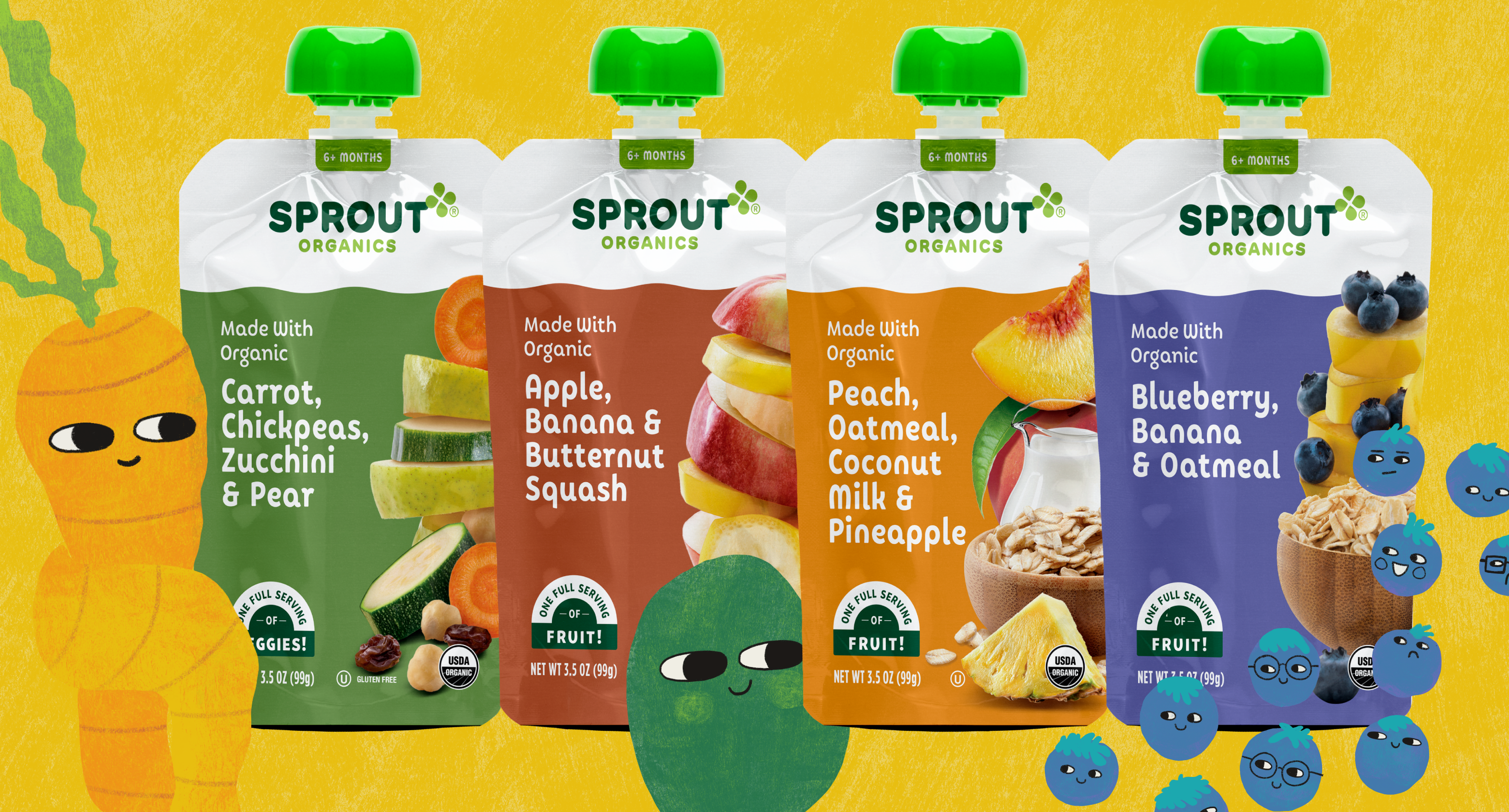 sprout organics 6+ month pouches on a yellow background