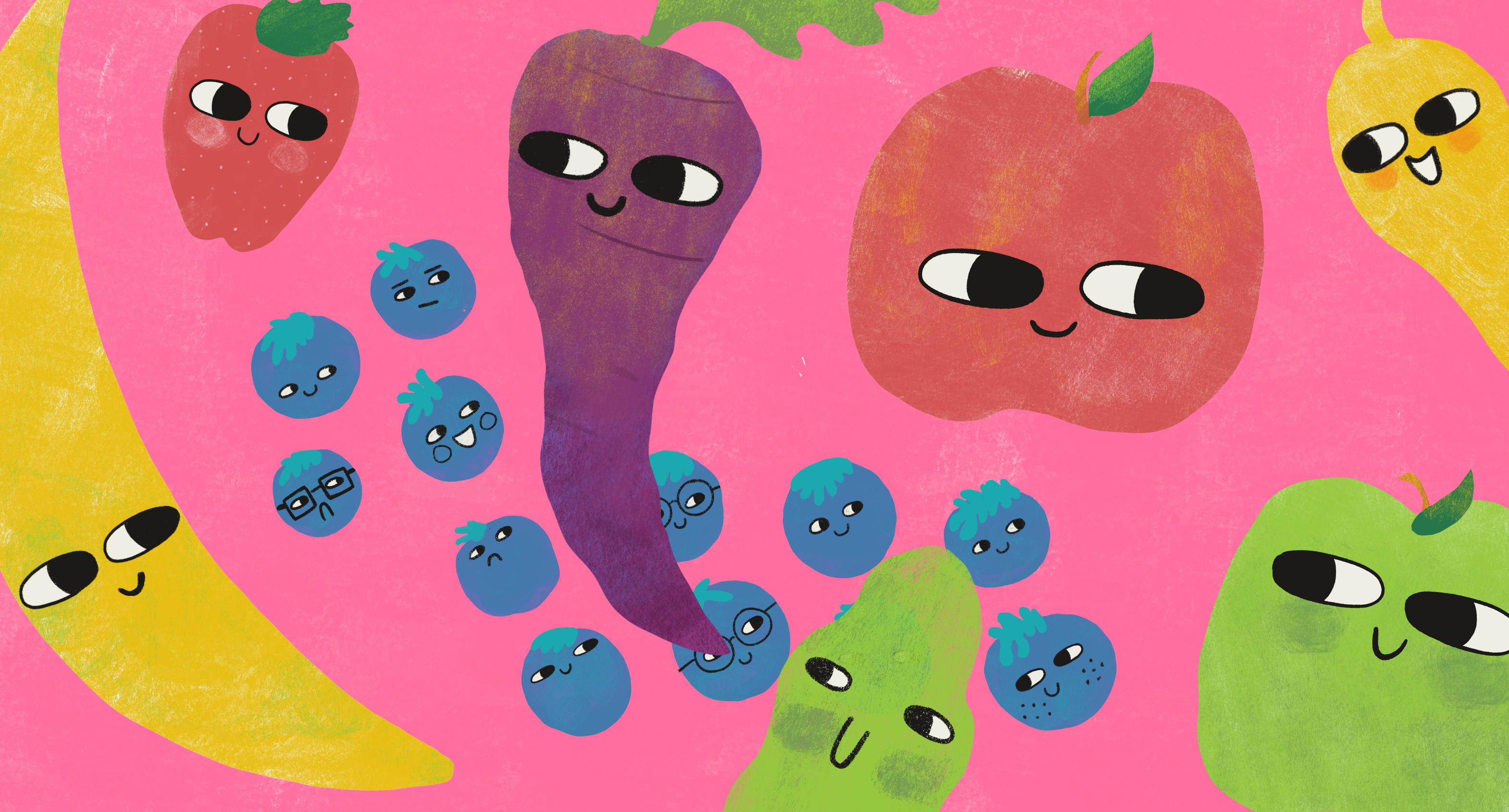 illustrated fruits and vegetables with faces on a bright pink background