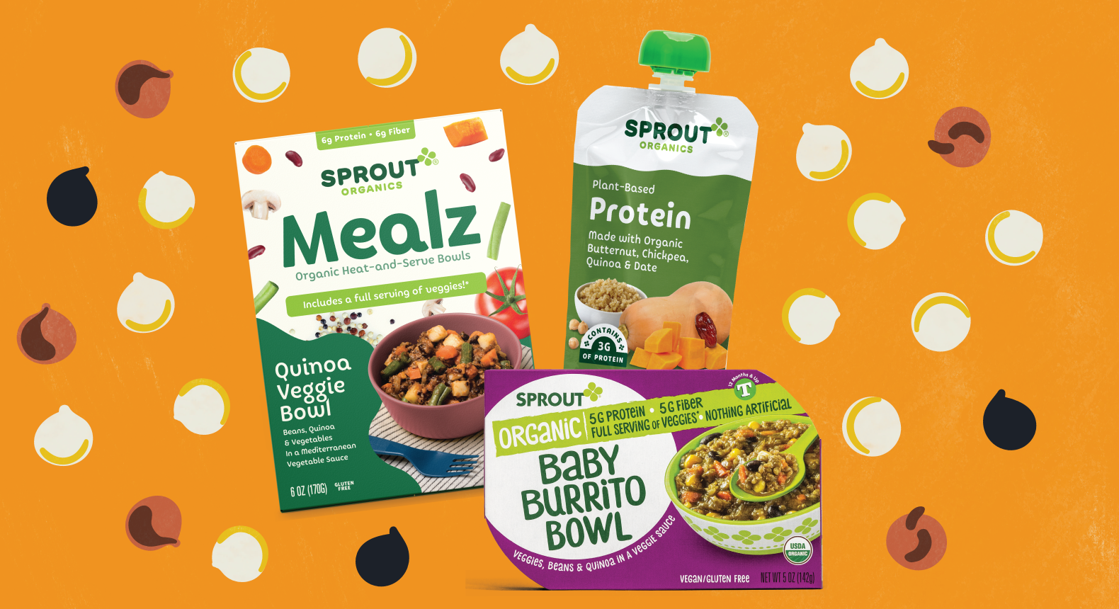 sprout organics quinoa products on an orange background