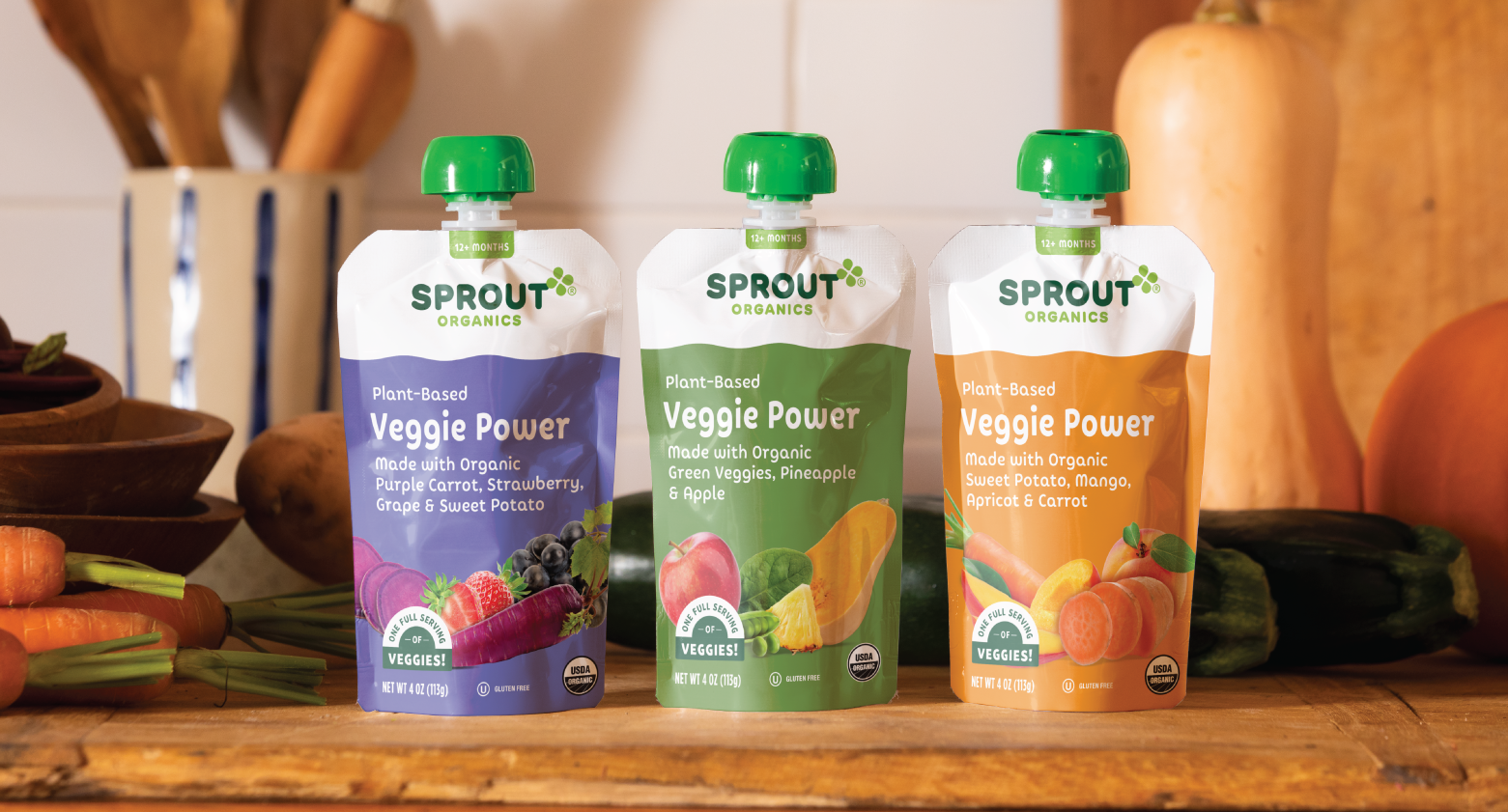 3 veggie power pouches sit on a counter