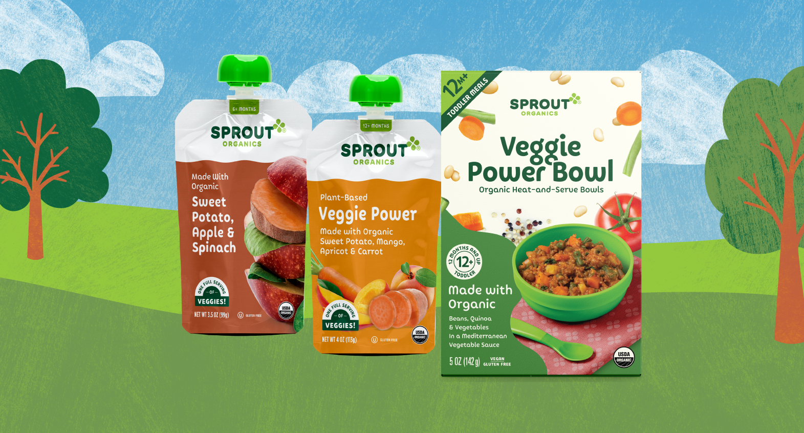 A variety of vegetable packed sprout organics products on an illustrated background