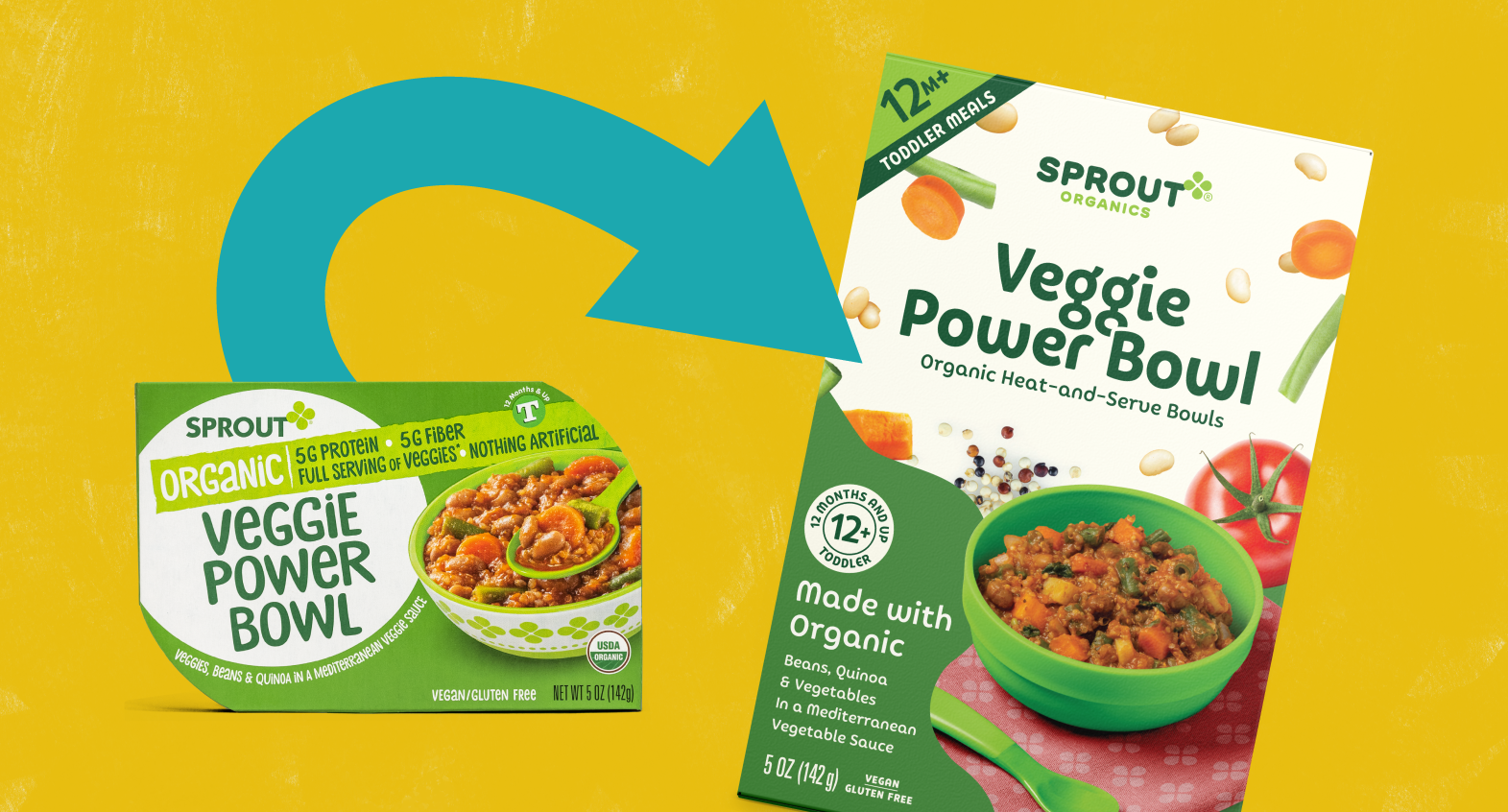 veggie power bowl in old packaging with arrow pointing to new packaging