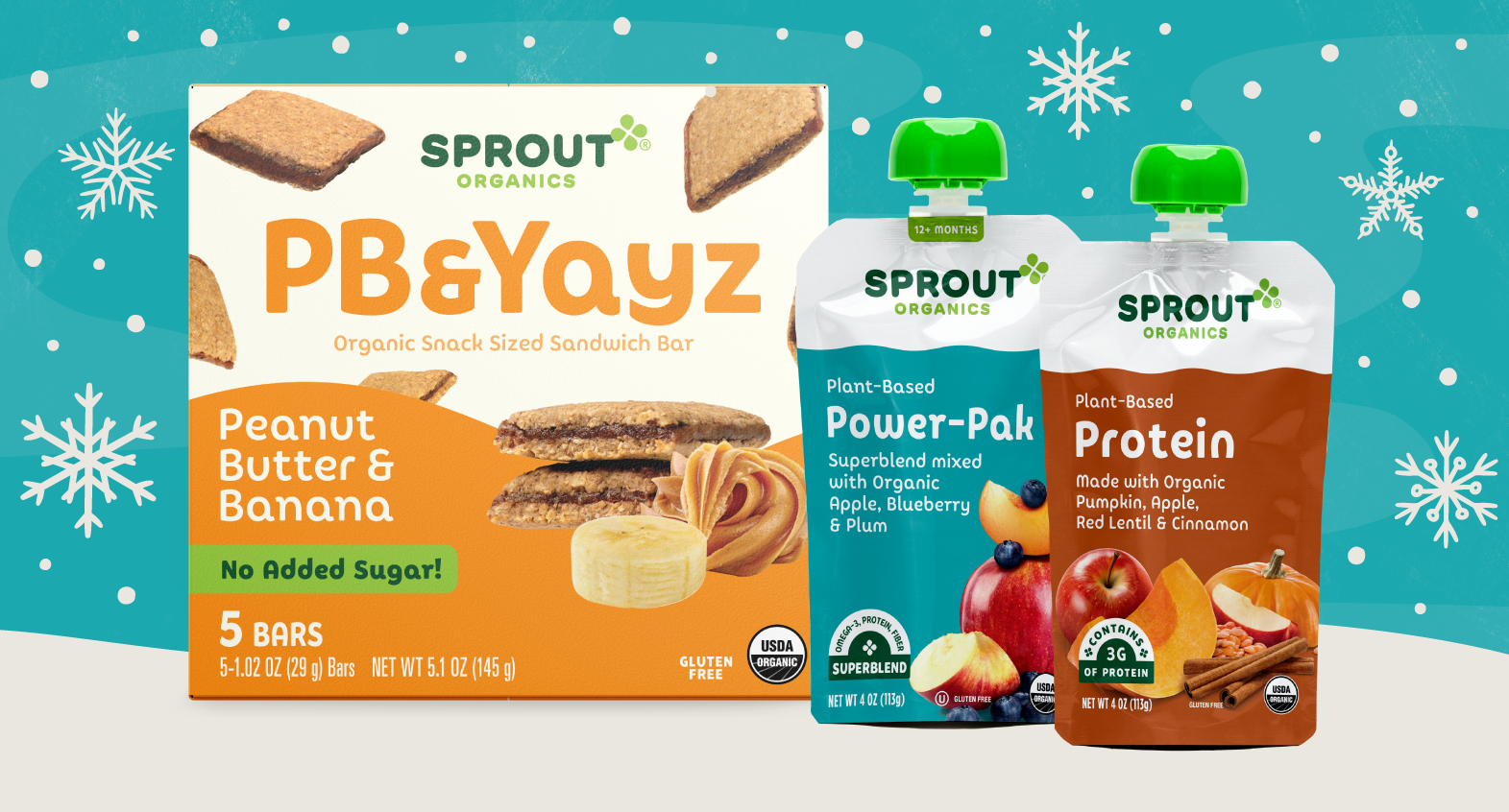 sprout organics products on an illustrated snowy background