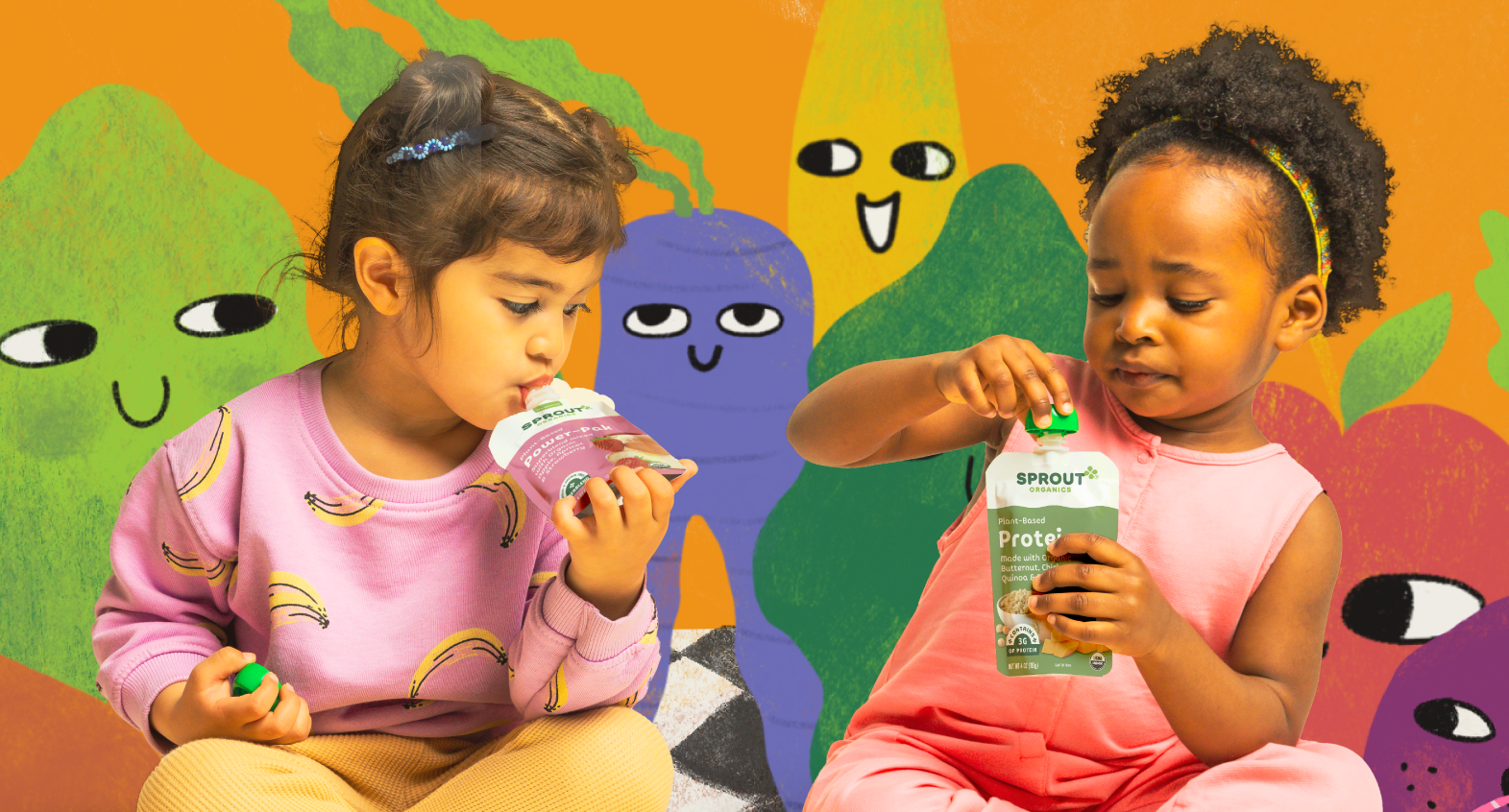 two children enjoy pouches on a background with illustrated fruits and veggies