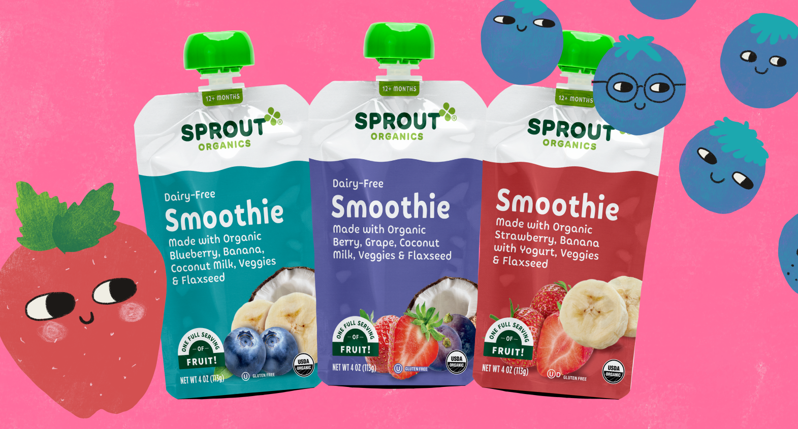 smoothie pouches on a pink background