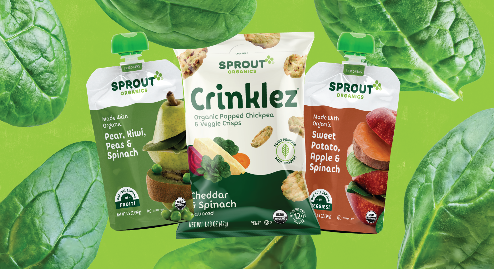 sprout organics products with spinach on a green background