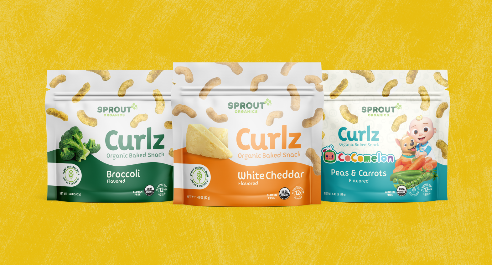 3 flavors of curlz in the new bag packaging on a yellow background