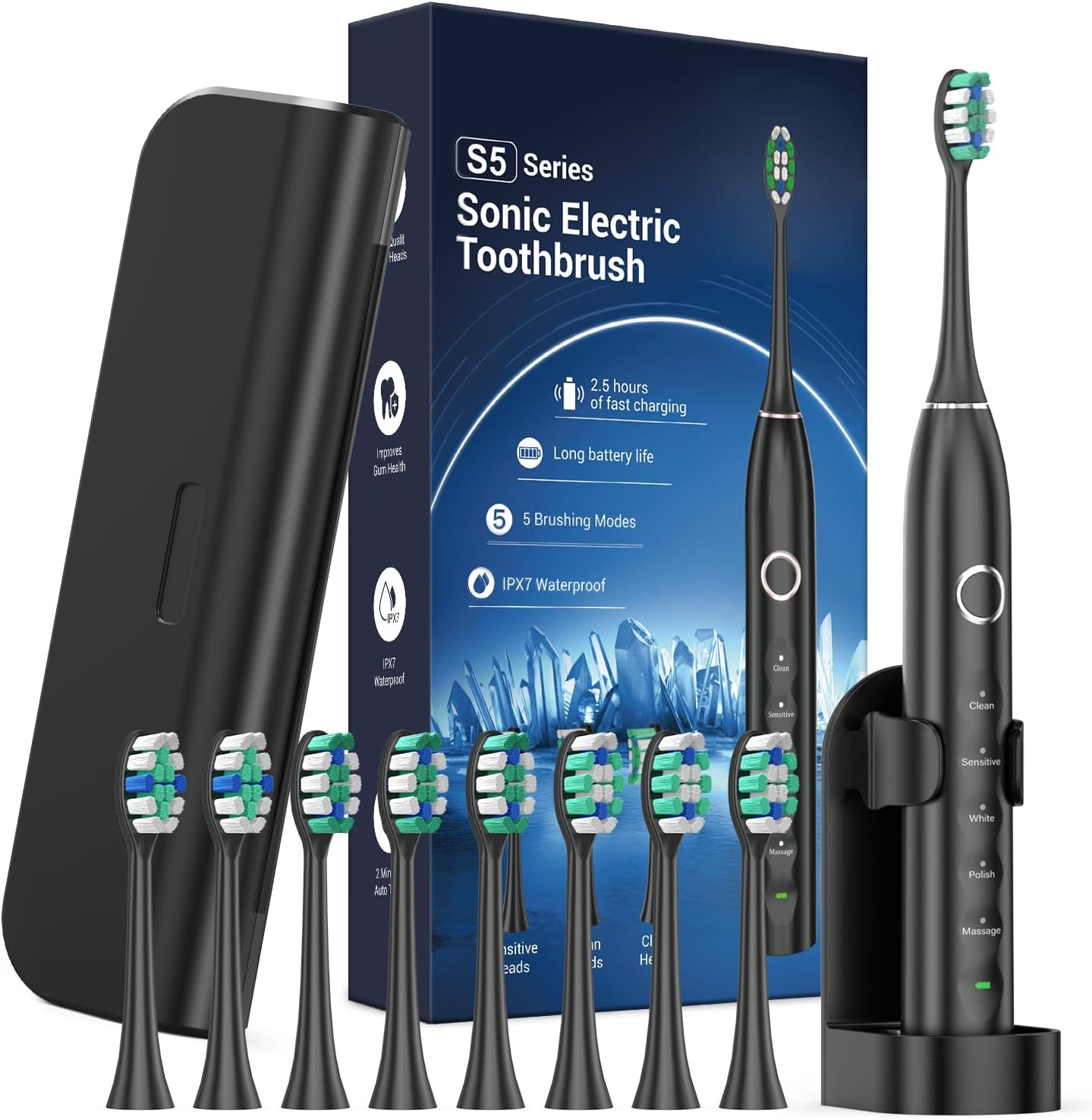Electric Toothbrush for Adults with 8 Brush Heads, Sonic Toothbrush Rechargeable with a Holder & Travel Case, Portable Power Whitening Toothbrush with Timer, 2.5 Hours Charge for 120 Days Use - Black