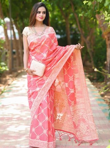 Buy Rajnandini Linen with Blouse Piece Saree (JOPLNB3076A_ Peach and Black_  Free Size) Online In India At Discounted Prices