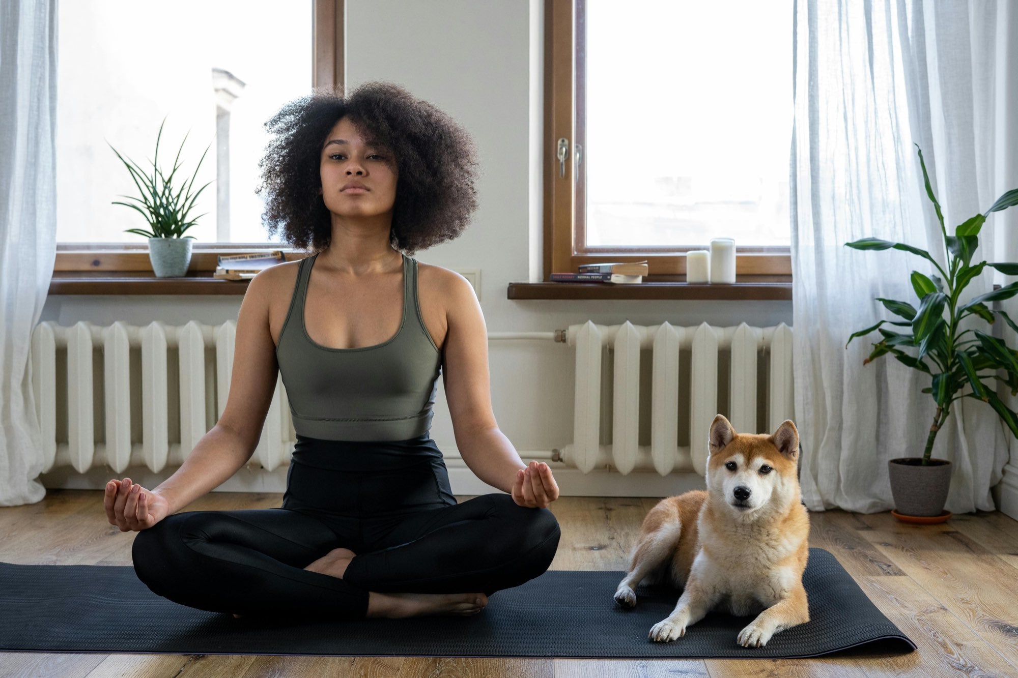 une femme fait du yoga avec son chien à côté