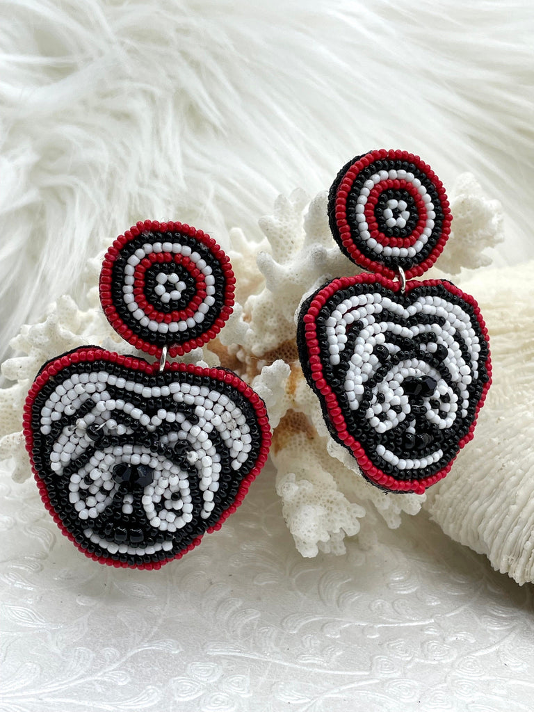 Bulldogs Earrings,Beaded Earrings, Red Black and White Earrings, Game Day Clam,Collegiate Earrings, Dawgs, Go Dawgs, Sold as a set Fast Ship Bling by A
