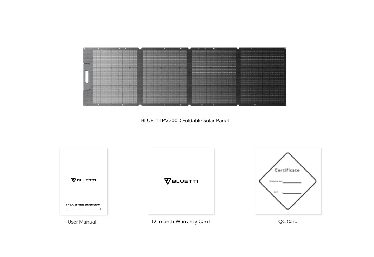 A photo showing the package contents for the Bluetti PV200 200W solar panel.