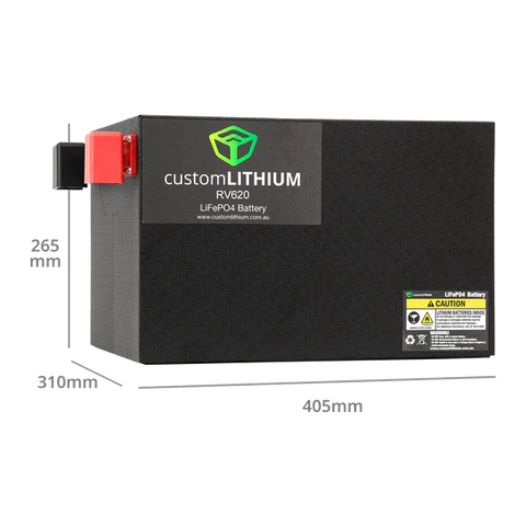 A photo showing the physical dimensions of a custom lithium 620ah 12v caravan lithium battery.
