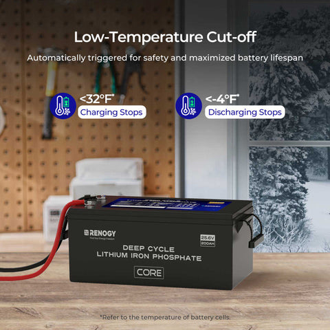 A photo showing the technical specs of a Renogy 24V-200A CORE deep cycle lithium battery.