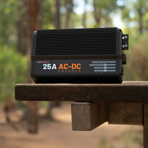 A photo of an iTechBC25 Battery charger sitting on top of a bench.