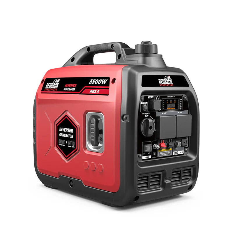 A photo of an iTech redback 3500w inverter generator slightly slanted