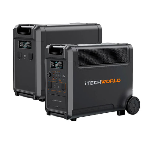 A photo of a black iTechWorld PS3600 Pro Portable Power Station with 1 x EB3840 Expansion battery