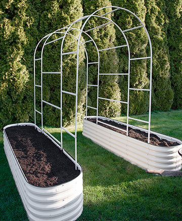 arched trellis installed on metal garden bed-Vegega