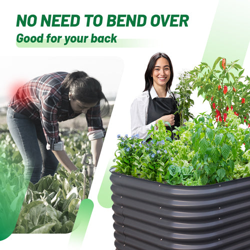 infographic showing no need to bend over of 32-inch tall metal raised beds feature