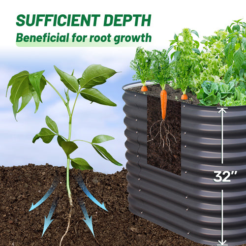 infographic showing tall enough for plant roots of 32-inch tall metal raised beds feature