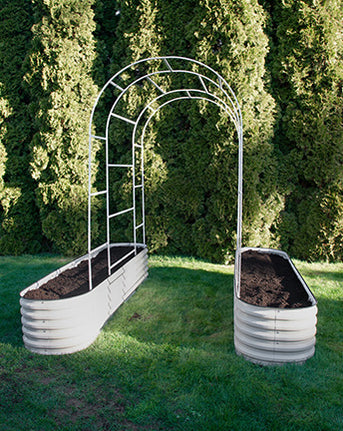 arched trellis installed on metal garden bed-Vegega