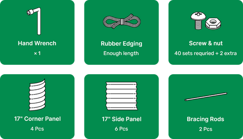 infographic of package list for 17-inch tall 6-in-1 garden boxes