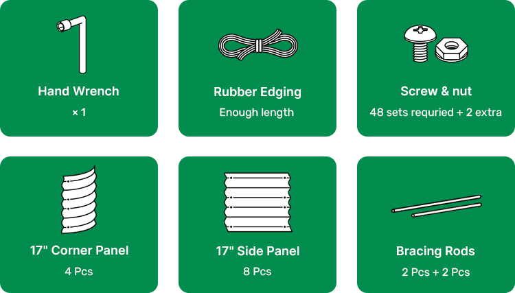 infographic of 17-inch tall 8x2 planter box package list-Vegega