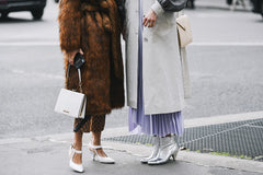 Fur Coat with Mui Mui White handbag and White Pumps - Trench Coat with Lavender Dress and Silver Boots