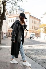 Gray Hoodie with Sleek Trench Coat and Designer Sneakers