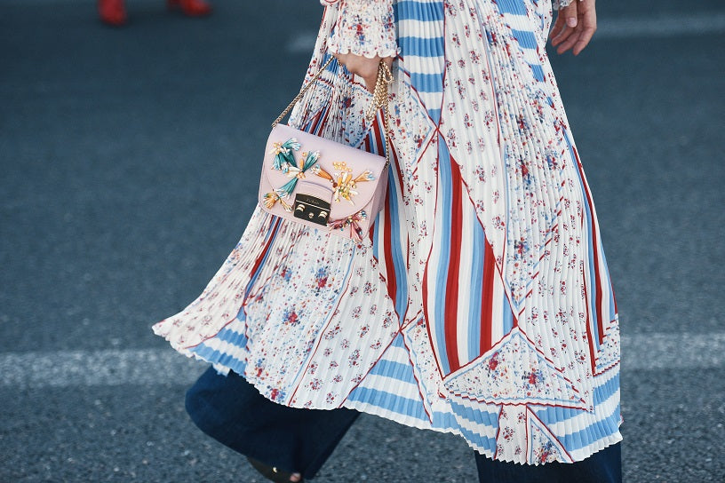  Light Blue and red Dress with Pale Pink Furla Handbag