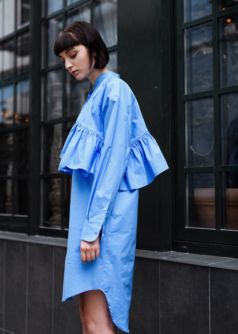 Pastel Blue Long Sleeve Spring Dress with Ruffle Detail