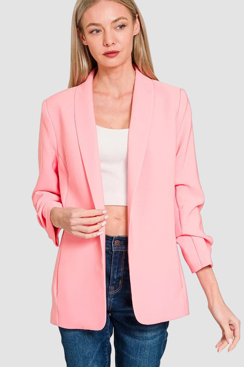 Zenana Woven 3/4 Ruched Sleeve Open Front Classic Blazer
