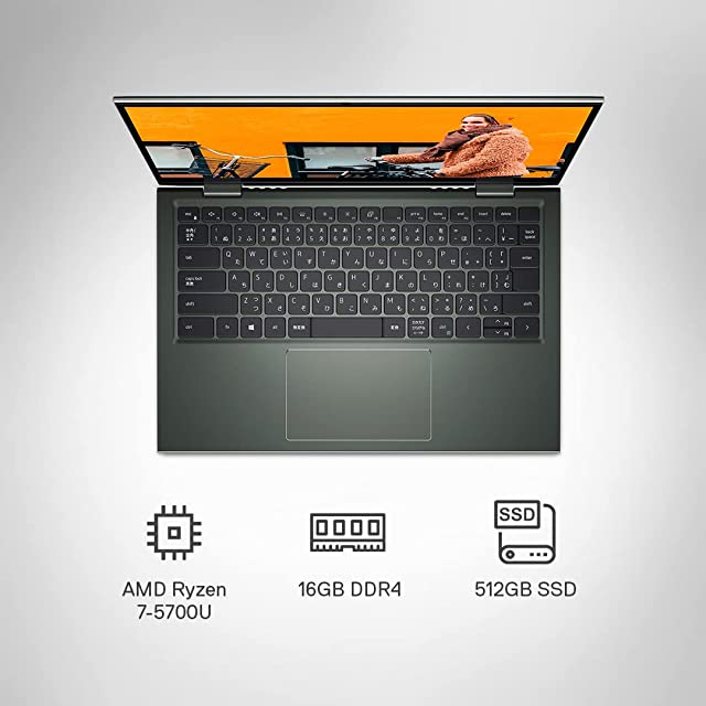 Dell New Inspiron 7415 AMD Ryzen 7-5700U 14 inches Touch FHD 60Hz 2in1 Laptop , 16GB, 512Gb SSD, Windows 11 + MSO'21, Pebble Green Color, FPR + Backlit KB & Active Pen (D560635WIN9P), 1.56Kgs