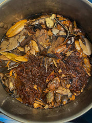 A boiling pot of leaf litter and bark for botanical aquariums at Betta Botanicals.