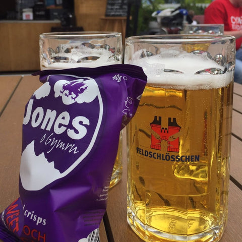 Jones o Gymru sweet chili crisps with a pint of beer